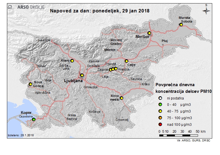 Napoved ravni onesnaženosti z delci PM10 (vir: ARSO).