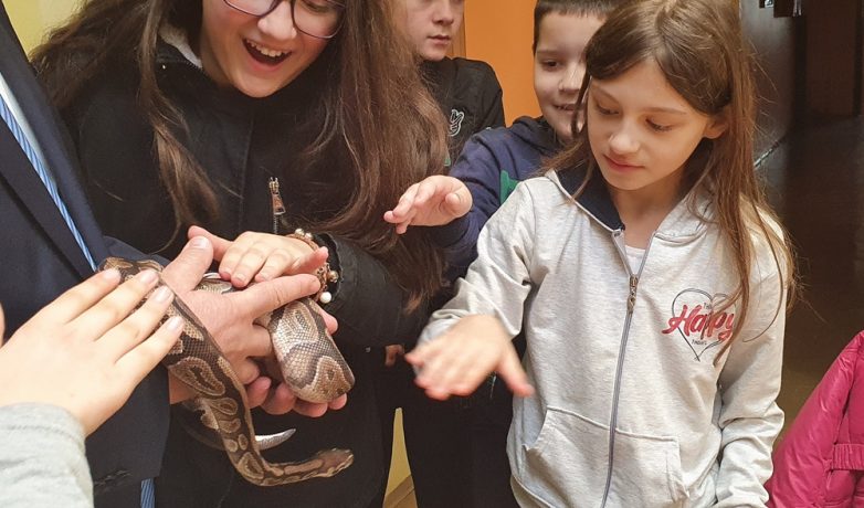 Otroci z maskoto II. OŠ Celje, kačonom Poldijem