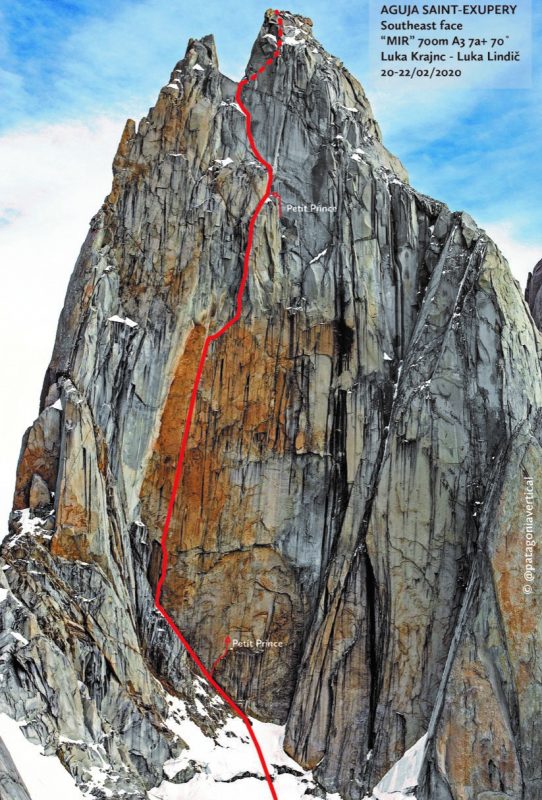 Vris prvenstvene smeri Luke Krajnca in Luke Lindiča Mir v jugovzhodni steni St. Exuperyja v Patagoniji (vir Patagonia Vertical)