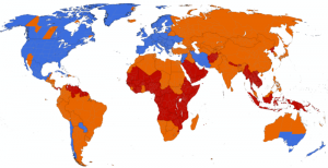 Modra barva predstavlja države kjer upoštevajo poletni čas. Oranžna barva predstavlja države, ki so včasih upoštevale poletni čas. Rdeča barva predstavlja države, ki ne upoštevajo poletnega časa; slika: Paul Eggert