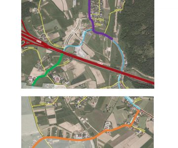 Cesta Ostrožno – Lopata (v odseku od mostu do obračališča na Lopati), na grafiki označena z vijolično barvo; Cesta Lopata – Medlog (v odseku od nadvoza čez avtocesto do meje med krajevnima skupnostma v smeri Medloga), na grafiki označena z zeleno barvo; Ulica heroja Šarha, na grafiki označena z oranžno barvo